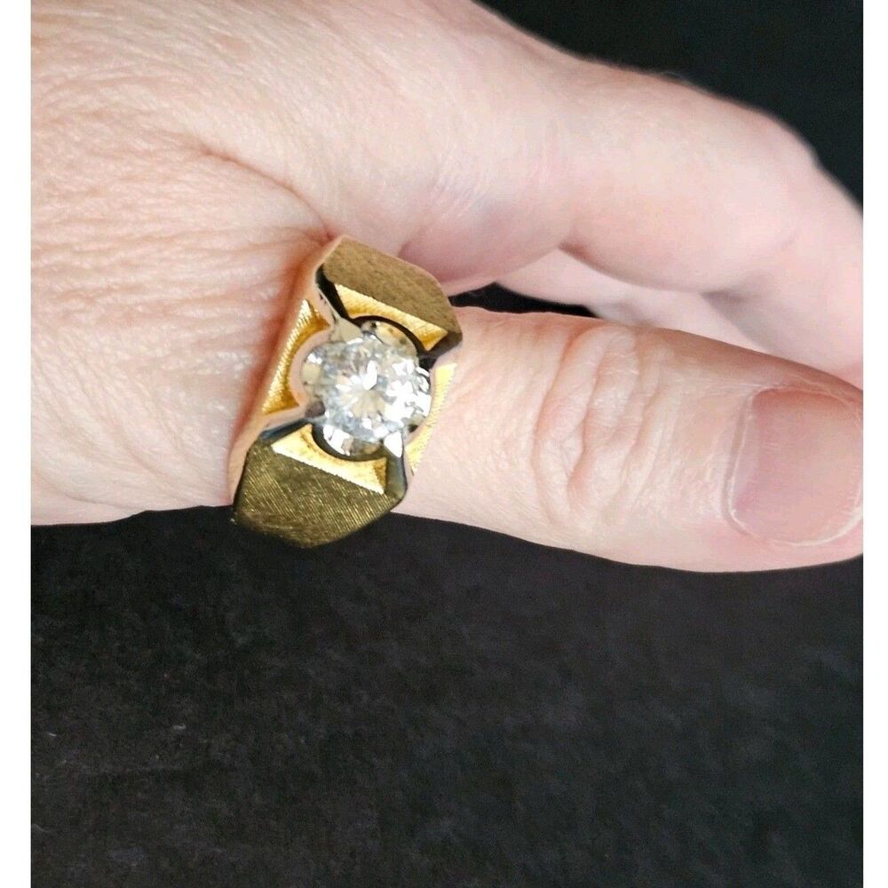 14K Yellow Gold Plated Clear Rhinestone Men's Ring Size 10.5 Vintage